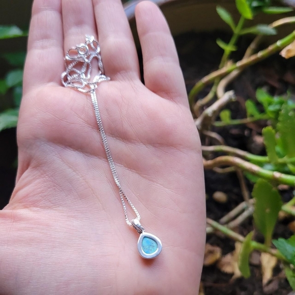 New Solid 925 Sterling Silver Genuine Turquoise Dainty Teardrop Necklace - Picture 12 of 12